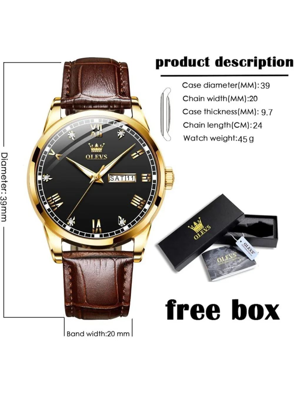 Men's Brown Strap Gold Shell Black Face Leather Band Quartz Waterproof Watch